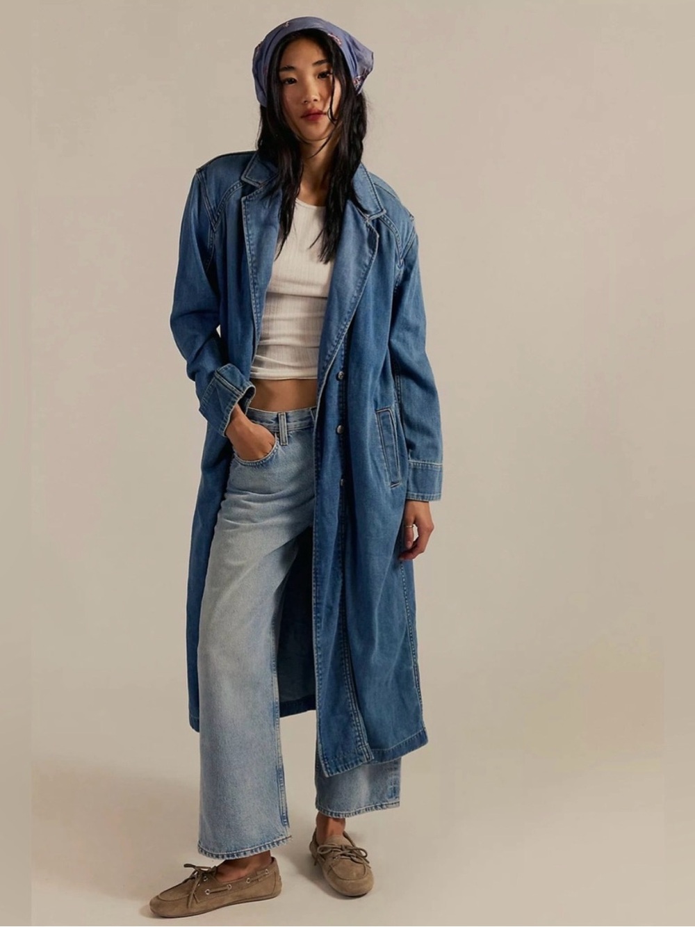 Free People We the Free Monique Indigo Denim Duster Trench Coat Medium